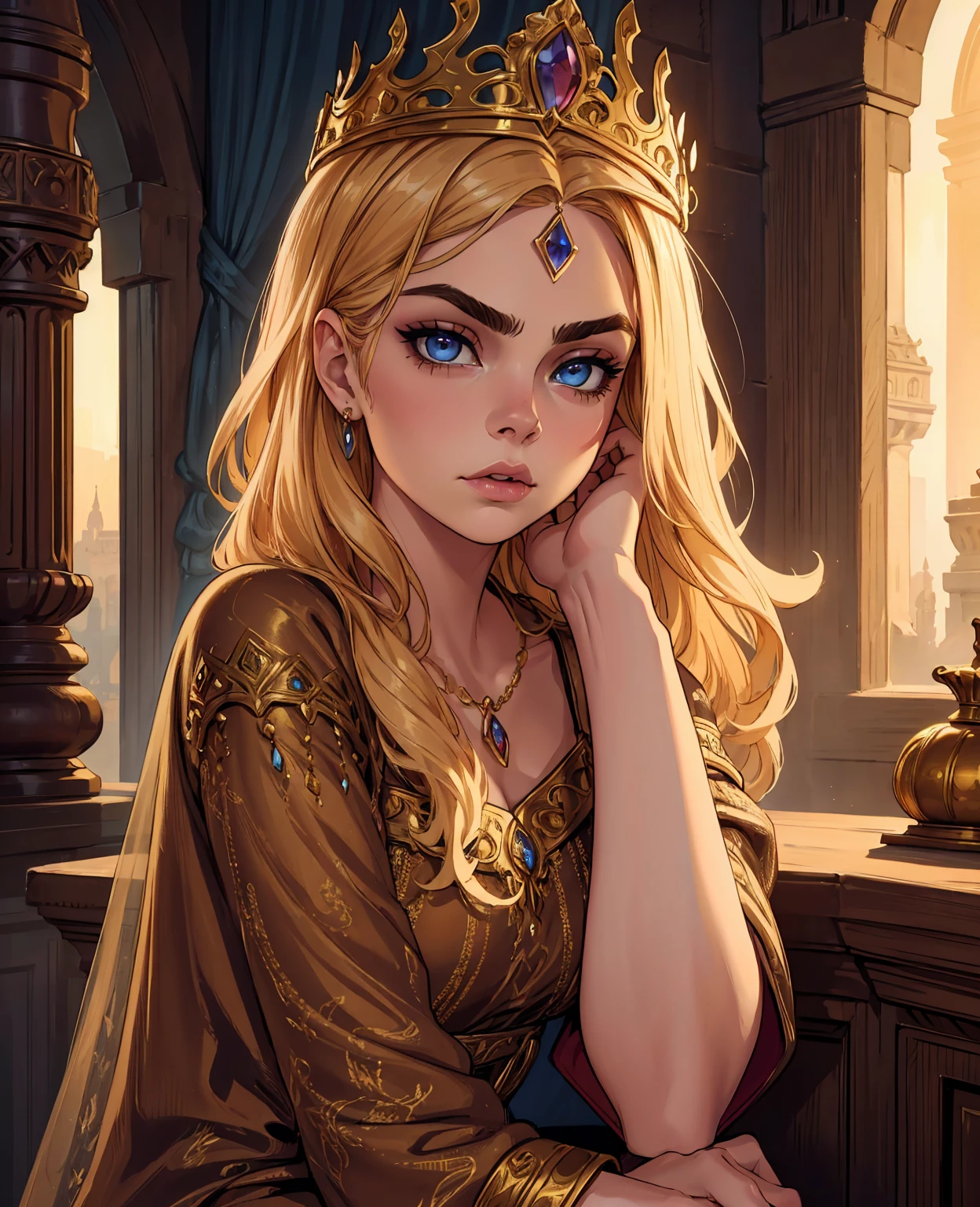 1girl, cara delevingne, medieval princess, elegant long dress, crown, ornate jewelry, detailed face, detailed eyes, detailed lips, flowing hair, intricate headdress, castle background, golden hour lighting, dramatic lighting, cinematic composition, fantasy, digital painting, (best quality,4k,8k,highres,masterpiece:1.2),ultra-detailed,(realistic,photorealistic,photo-realistic:1.37),cinematic lighting,dramatic colors,vibrant colors,rich textures,ornate details