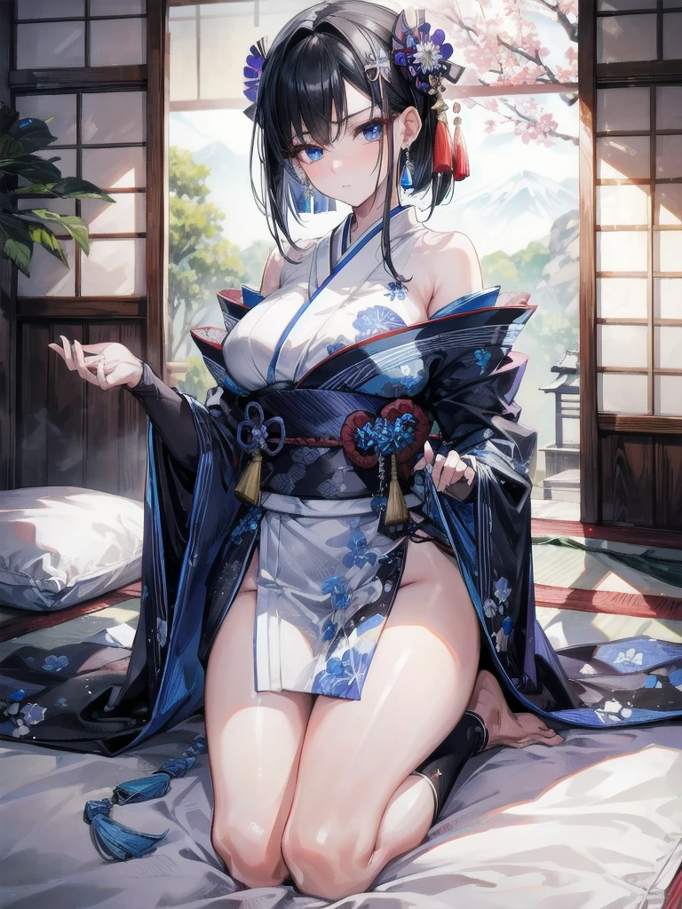 absurdres, RAW photo, extremely delicate and beautiful, masterpiece, Best Quality, ultra high resolution, 32k, hyperrealistic, ultra-detailed, in her 20s, delicate facial features, tearful mole, earring, medium breasts, full body shot, shorter middle hair, black hair, shuimobysim, Japanese kimono, ninja, samurai, sword with blue flames,