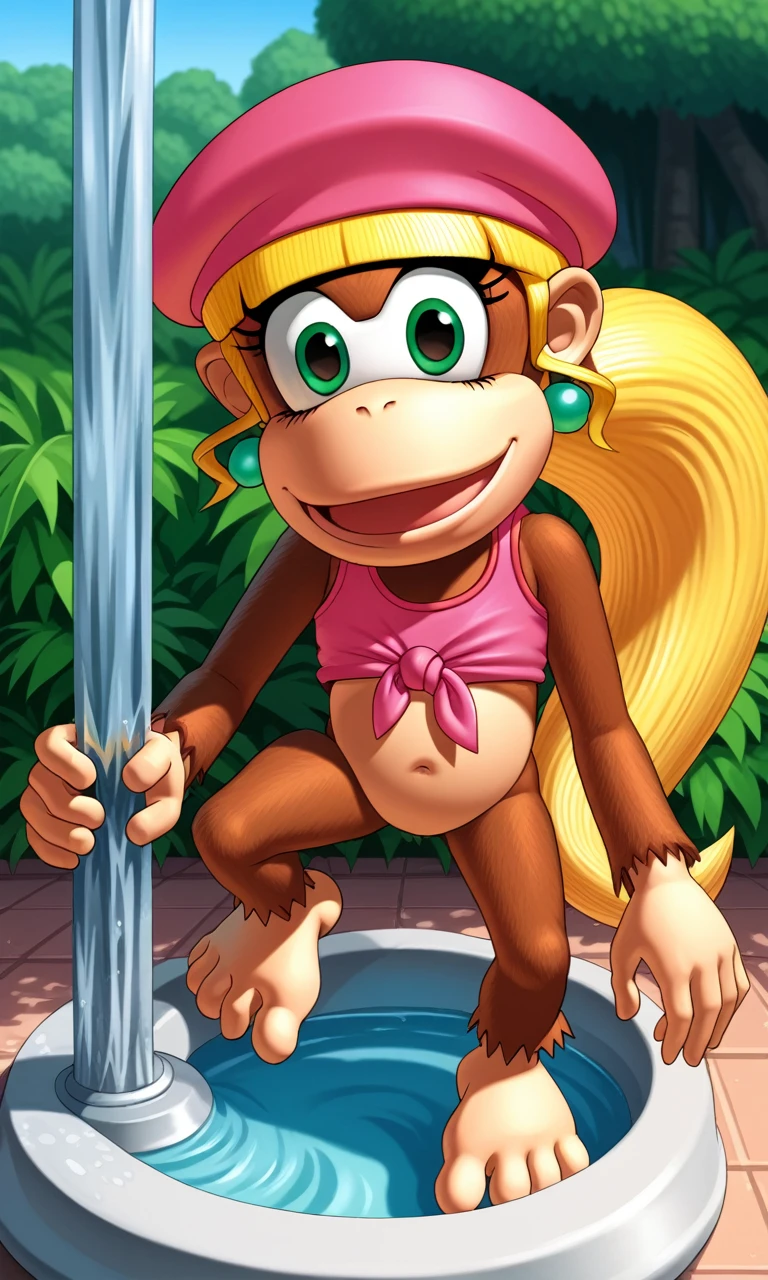 score_9,score_8_above,score_7_above BREAK solo female,fountain_Cartoon,fountain_furry,Dixie Kong,kong,looking at the viewer,SMILE,Open mouth,undulation,3D,exterior,jungle, bare flat chest