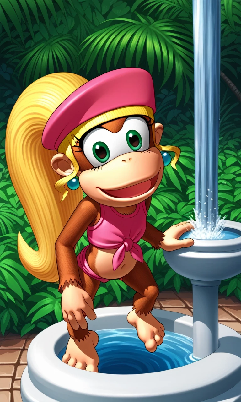 score_9,score_8_above,score_7_above BREAK solo female,fountain_Cartoon,fountain_furry,Dixie Kong,kong,looking at the viewer,SMILE,Open mouth,undulation,3D,exterior,jungle, bare flat chest