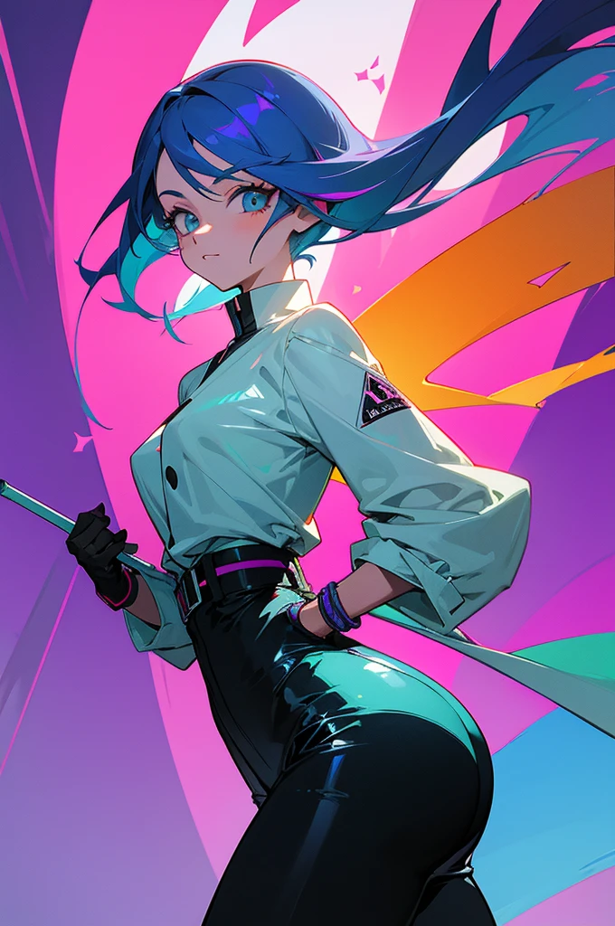 thicker outlines, anime style, cool and edgy, Digital painting of a Stylish, teenager with cell shading, vibrant pallete, anime style, thicker lines, wearing a white shirt, pants and holding a holographic tablet, a futuristic high school hallway, futuristic designs, internet nostalgia, floating emoticons, fashionable, accessory
