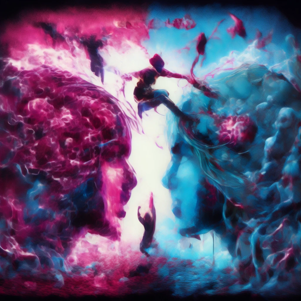blood scavengers opposite world dream cyan magenta. A fight inside a broken mind. A splendid beautiful trans woman trying to emerge as the future in an astonishing panorama of end times.