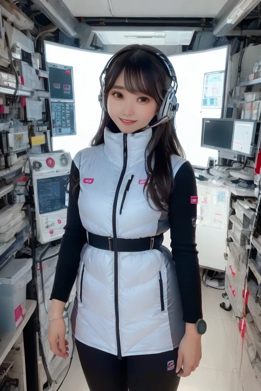 masterpiece, Highest quality, Very detailed, 8K Portrait,Japanese Android Girl,plump , Control panel,Robotic arms and legs, Blunt bangs,,break (Metallic Gray, Metallic luster, Mirror finish, Astro Best):5,headphone:5,break (Black sleeves):100,Smart Watches,Futuristic space station,Control Room,break headphone,blue eyes,(Black Hair):2,(Long Hair):1.3,Displaying the viewer,(respirator),break blush:3,Hidden Hand,smile