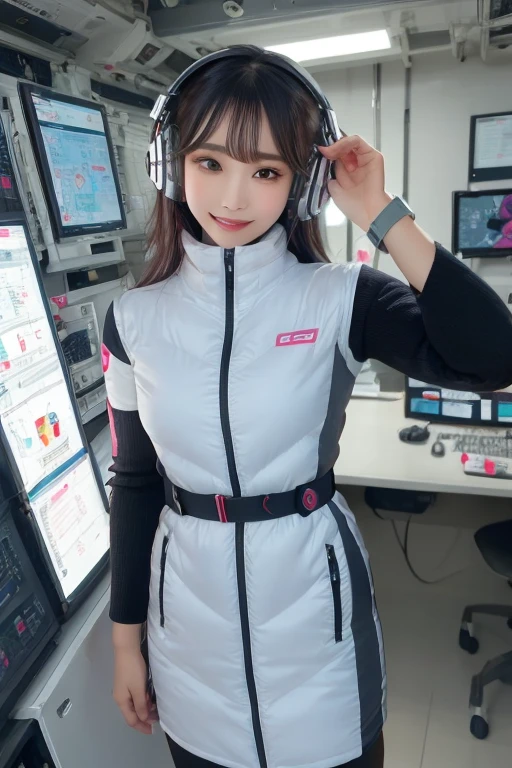 masterpiece, Highest quality, Very detailed, 8K Portrait,Japanese Android Girl,plump , Control panel,Robotic arms and legs, Blunt bangs,,break (Metallic Gray, Metallic luster, Mirror finish, Astro Best):5,headphone:5,break (Black sleeves):100,Smart Watches,Futuristic space station,Control Room,break headphone,blue eyes,(Black Hair):2,(Long Hair):1.3,Displaying the viewer,(respirator),break blush:3,Hidden Hand,smile