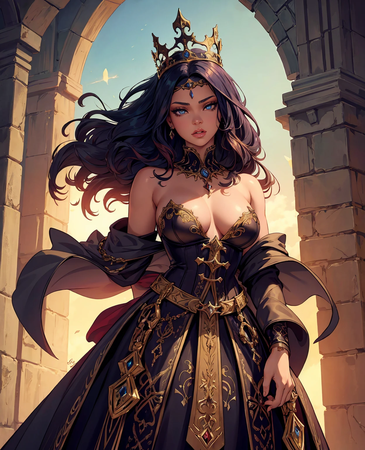 Rihanna, medieval fantasy, 1woman, beautiful detailed face, beautiful detailed eyes, beautiful detailed lips, flowing long hair, ornate crown, medieval dress, medieval castle, glowing magical aura, dramatic lighting, dramatic colors, cinematic composition, (best quality,4k,8k,highres,masterpiece:1.2),ultra-detailed,(realistic,photorealistic,photo-realistic:1.37),dramatic fantasy art