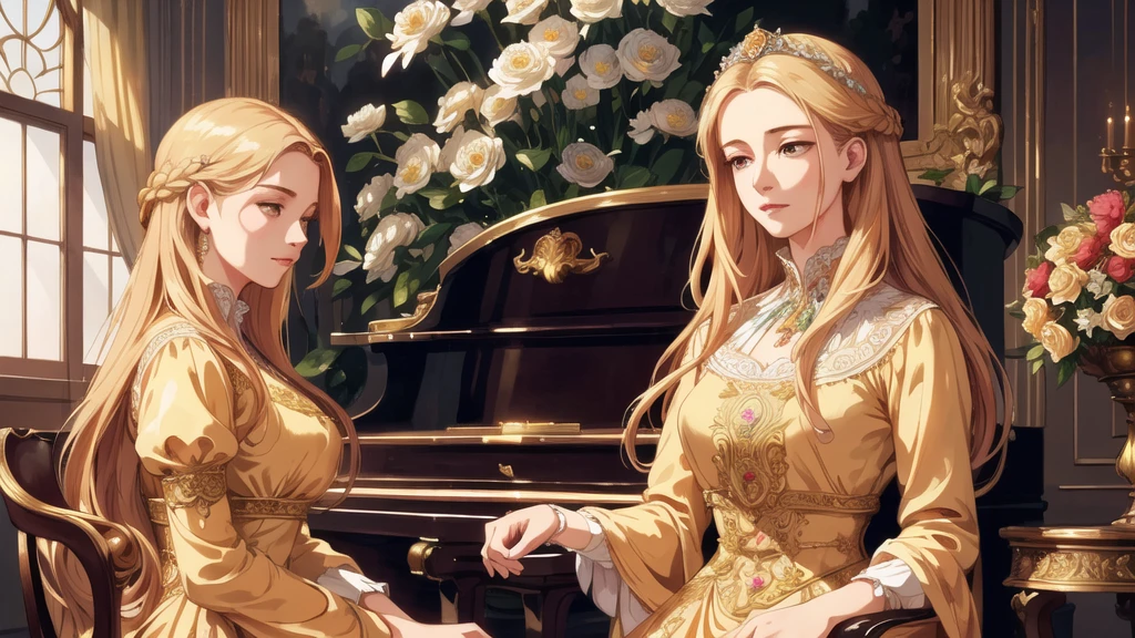 a beautiful young woman in a long vintage dress, exquisite detailed facial features, flowing hair, elegant posture, a grand old-fashioned house interior, a large ornate golden piano, lush flowers and greenery, masterpiece, photorealistic, highly detailed, cinematic lighting, warm color palette, Renaissance style, oil painting