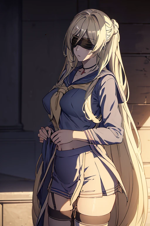 sword_maiden,sword maiden, long hair, blonde hair, blindfold, (black blindfold:1.2) , necklace ,  large breasts,  jewelry, very long hair, best quality, sharp focus, (8k), (4k), (Masterpiece), (Best Quality), (realistic skin texture), extremely detailed, hyper detailed, , illustration, soft lighting, , high resolution, sharp detail, blush, (cowboy_shot:) ,(dokyo_street_background:1.4), (sailor_shirts:1.4) ,(sailor_skirt:1.3),( skirt lfit, holding skirt, skirt lift up, panty:1.3), day, bright, 정면