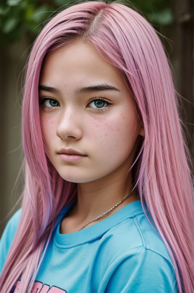 Full color manga style portrait of a teenage girl with small traces of acne, with long hair dyed pink combined with blue, wearing a men&#39;s jacket at the same time as branded shorts and graffitied military boots, while making the right hand gesture with the thumb pointing up, the index finger forward and the middle finger to the left