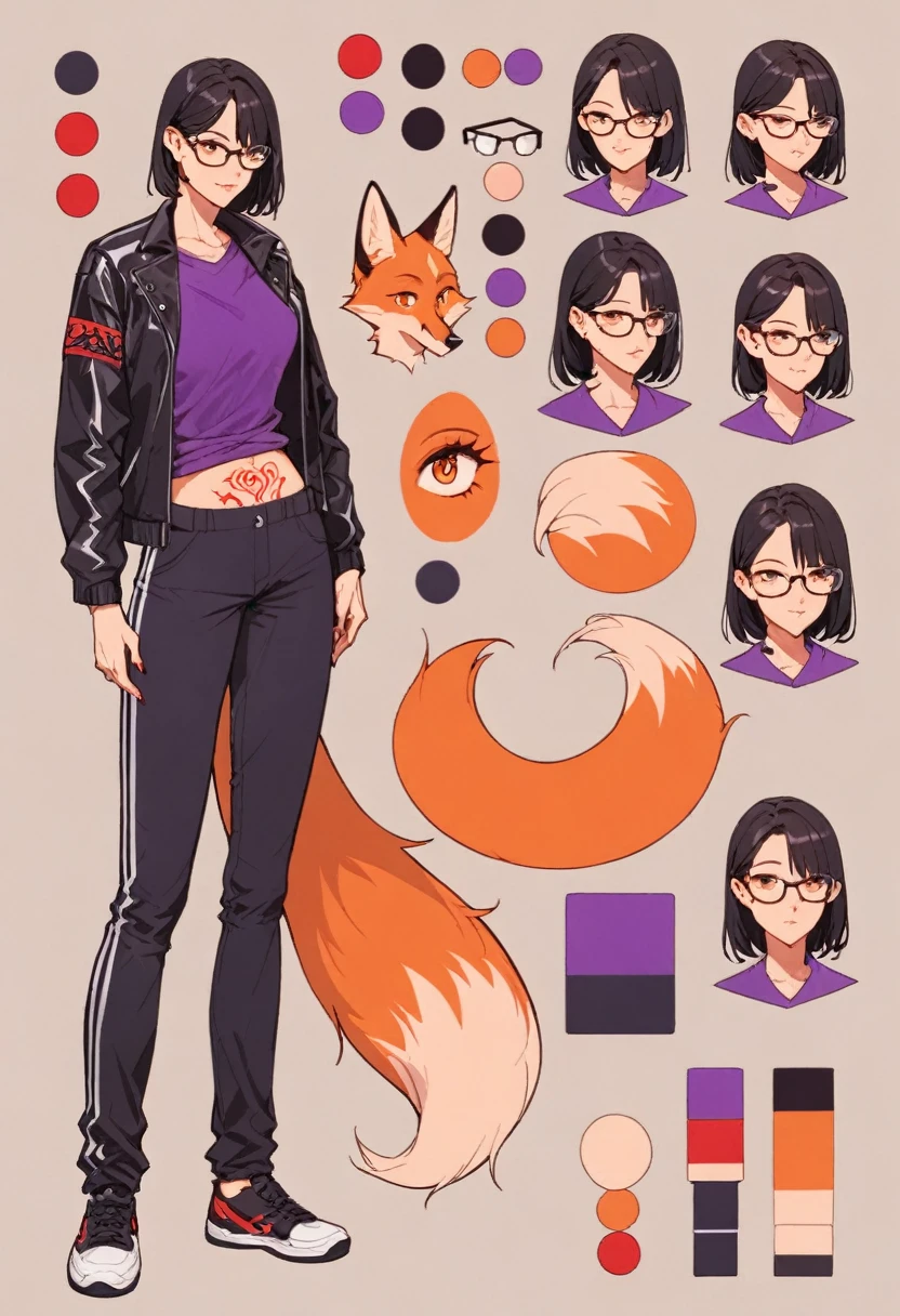 score_9, score_8_up, score_7_up, score_6_up, score_5_up, score_4_up, BREAK source_anime, 1girl, short red and black hair, thin rimmed glasses, legging pants, purple work out tshirt and a black long sleeved jacket, fox tattoo on belly full body, Reference sheet, Character sheet