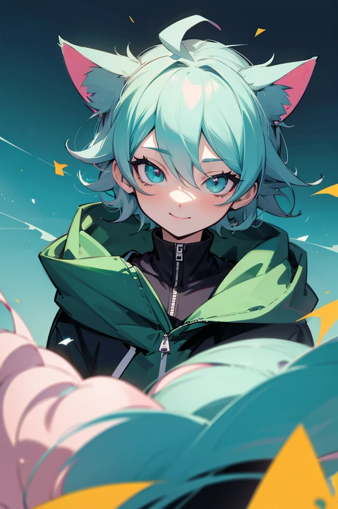Close-up portrait of a person wearing cat ears and hoodie, nagito komaeda, anime moe art style, 2 d anime style, Anime girl with teal hair, Stylized anime, anime stylized, by Puru, High quality anime art style, Anime Boy, hatsune miku short hair, anime style character, anime style 4 k,With a smile on your face