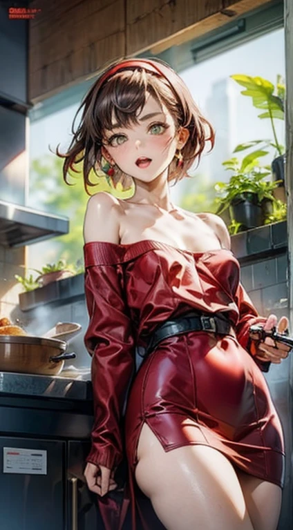 (small breasts:1.2), (perky chest:1.1), (pointed chest:1.0), (hand gun magazine cover:1.3)，(from below:1.2),(from side:0.9),masterpiece, 1girl, Amazing Cleavage:1.1, thin waist, big ass, Raised sexy, small breast: 1.2, posed cleavage:1.2、solo, open mouth, have a cute grass of cute beergrass,black hair, dark green eyes, dress, bare shoulders, jewelry, collarbone, sidelocks, hairband, earrings, indoors, off shoulder, sweater, arms behind back, plant, short hair with long locks, gild hairband, sweater dress:1.2, off-shoulder sweater, red sweater, dark gord hair, big side hair, very long side hair,is rendered in (masterpiece: 1.2, best quality), with (ultra high resolution) and an exquisite (depth of field). This masterpiece is not only visually stunning but also tells,A scene of cooking in the kitchen by classroom ,looking at viewer,
