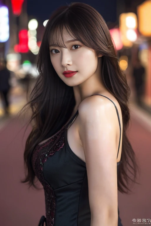 Highest quality。８K-Picture。Ultra-high resolution。The background is a night city。With a girl。Long Hair、Slightly wavy,,,,,,,,,,,,,,,,,,,,,,,,,,,,,,,,,,,,,,,,,,,,,,,,,,,。The color is dark brown。Glamour Style、((Big Breasts：1.8))。Wearing a red dress、Gorgeous Dance Photos。Overall delicate finish。Beautiful body lines。Long legs、Wear red high heels。((Her hair shines in the street。The eyeball reflects the surrounding scenery。My skin is wet with night dew))。Almost the perfect woman。((time々Upper body close-up))。The second highlighted part々I want a close-up shot。