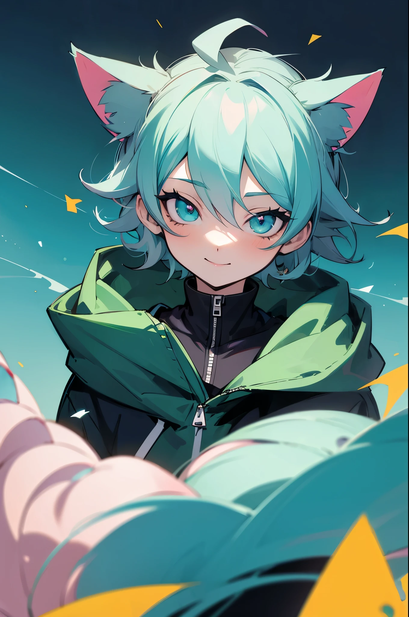 Close-up portrait of a person wearing cat ears and hoodie, nagito komaeda, anime moe art style, 2 d anime style, Anime girl with teal hair, Stylized anime, anime stylized, by Puru, High quality anime art style, Anime Boy, hatsune miku short hair, anime style character, anime style 4 k,With a smile on your face