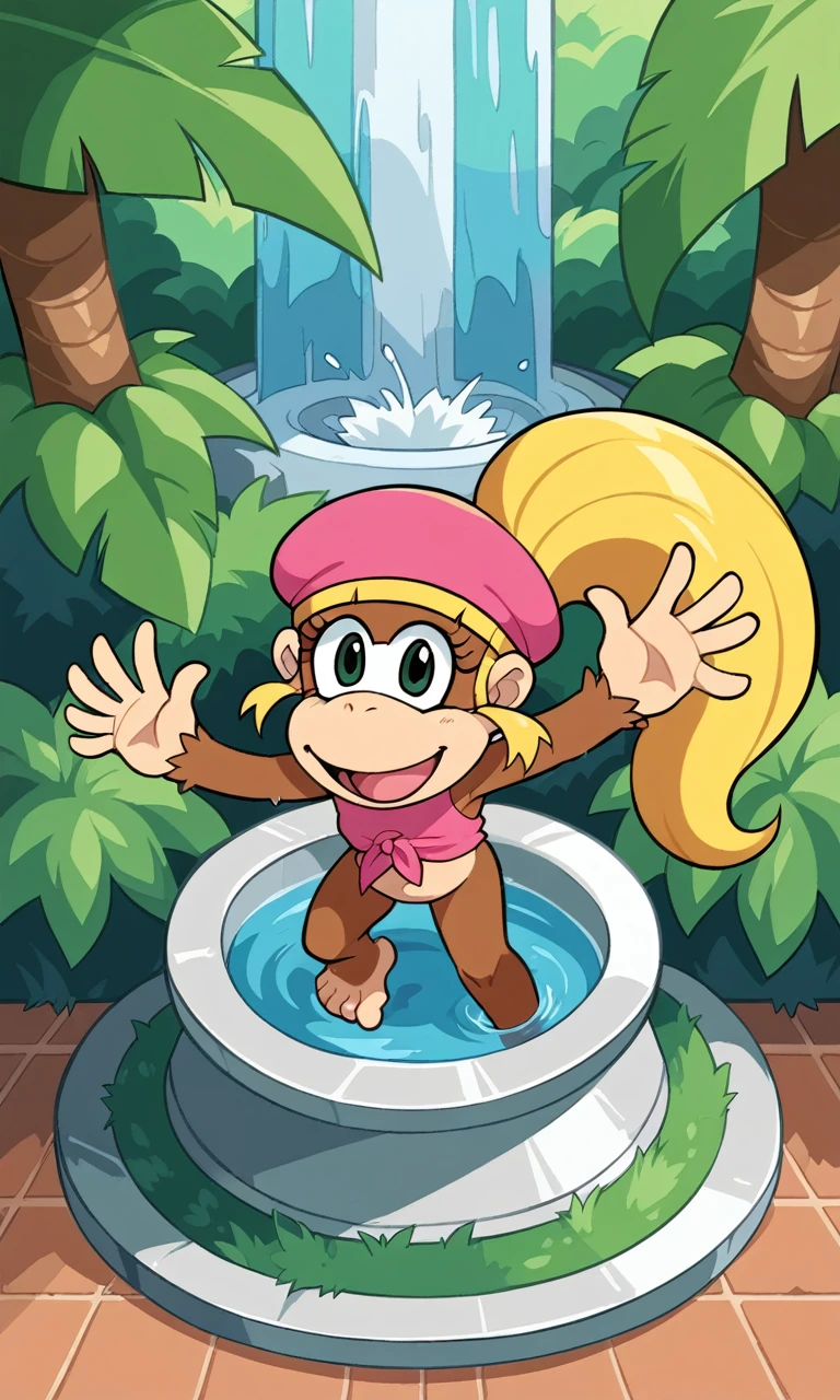 score_9,score_8_above,score_7_above BREAK solo female,fountain_Cartoon,fountain_furry,Dixie Kong,kong,looking at the viewer,SMILE,Open mouth,undulation,2D,exterior,jungle, bare flat chest