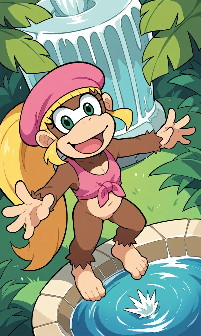 score_9,score_8_above,score_7_above BREAK solo female,fountain_Cartoon,fountain_furry,Dixie Kong,kong,looking at the viewer,SMILE,Open mouth,undulation,2D,exterior,jungle, bare flat chest