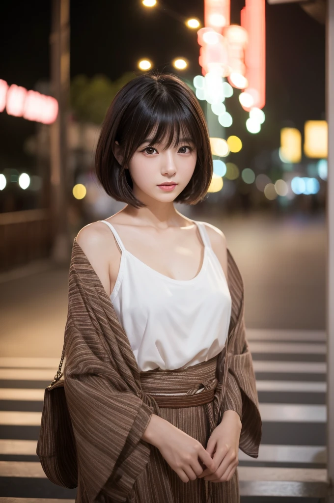 girl, White skin, Dark brown layered short hair, V-cut，Well-organized，Have bangs, Brown eyes, Soft atmosphere characteristics (最OK品質, Ultra-high resolution, 8K, original photo, Ultra-high resolution: 1.2, masterpiece: 1.2), (actual, actual: 1.37), Super detailed, professional lighting, Photon Mapping, Wireless City, Physically based rendering, Japanese, ２人girl, ２By person, black hair, Lovely, OK, Lovely, A faint smile, Normal chest,yukata,Fireworks Display