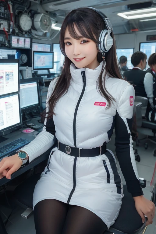 masterpiece, Highest quality, Very detailed, 8K Portrait,Japanese Android Girl,plump , Control panel,Robotic arms and legs, Blunt bangs,,break (Metallic Gray, Metallic luster, Mirror finish, Astro Best):5,headphone:5,break (Black sleeves):100,Smart Watches,Futuristic space station,Control Room,break headphone,blue eyes,(Black Hair):2,(Long Hair):1.3,Displaying the viewer,(respirator),break blush:3,Hidden Hand,smile