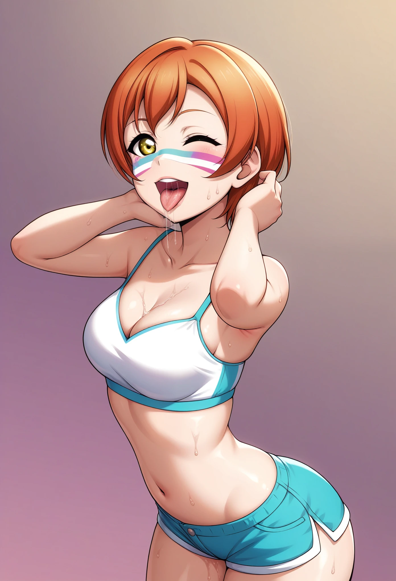 Masterpiece, sksrin, beautiful , facial details, 8k wallpaper, Rin Hoshizora Love Live, short hair, white gym bra, micro shorts , wrestling outfit,(lipstick:0.8), (face paint:1.2),Fascinated by her beauty ,wink, moist skin,thin waist ,short girl, skindentation , tongue out, open mouth , wet tongue, saliva string 