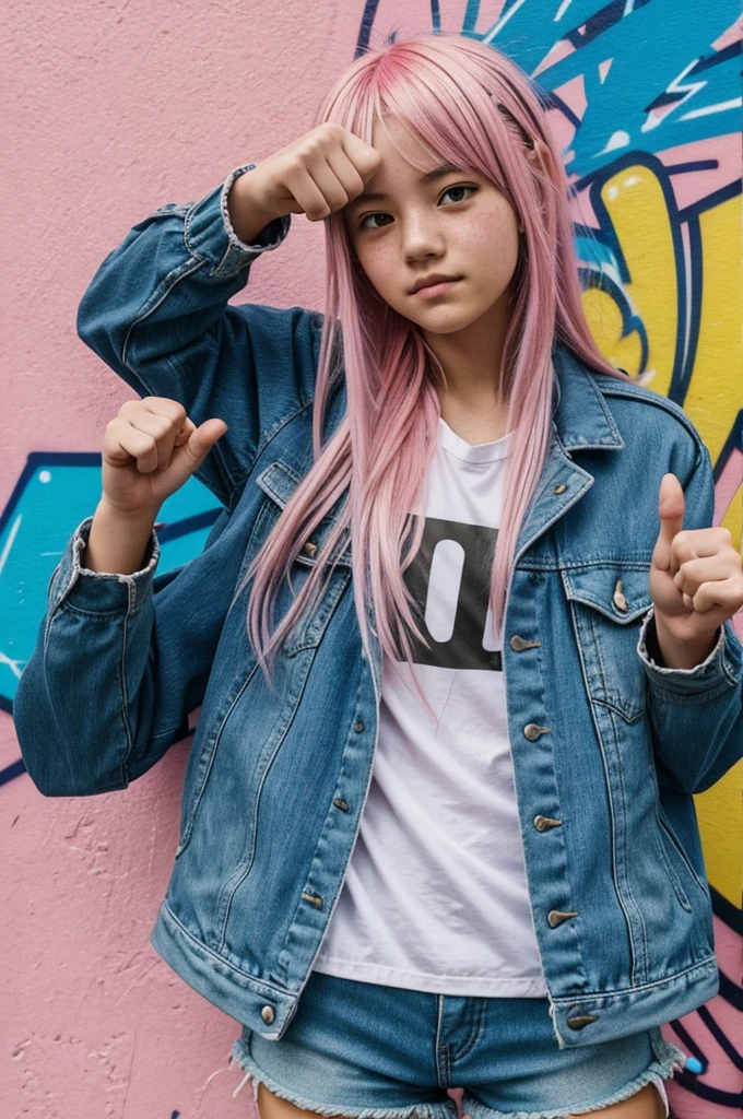 Full color manga style portrait of a  girl with small traces of acne, with long dyed pink hair combined with blue, wearing a men's jacket at the same time as branded shorts and graffitied military boots, while she is making the gesture of the right hand with the thumb pointing up, the index finger forward and the middle finger pointing to the left