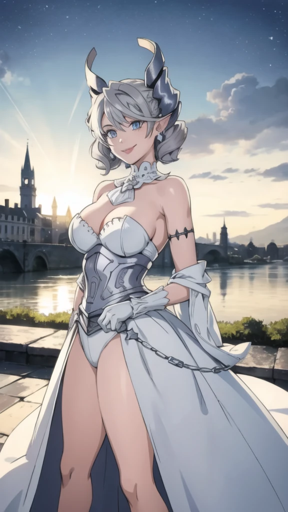garden sun light High level image quality best image quality 8K adult woman silver castle outside more colors whole body view portrait naked super large breast horn ears short hair((shortcut)(gray hair)(perm)(fluffy)) eye color is blue , , attractive evil face , smile , sexy pose , labrynth , barearm , gloves , wearing white , standing , view foot arc , view side