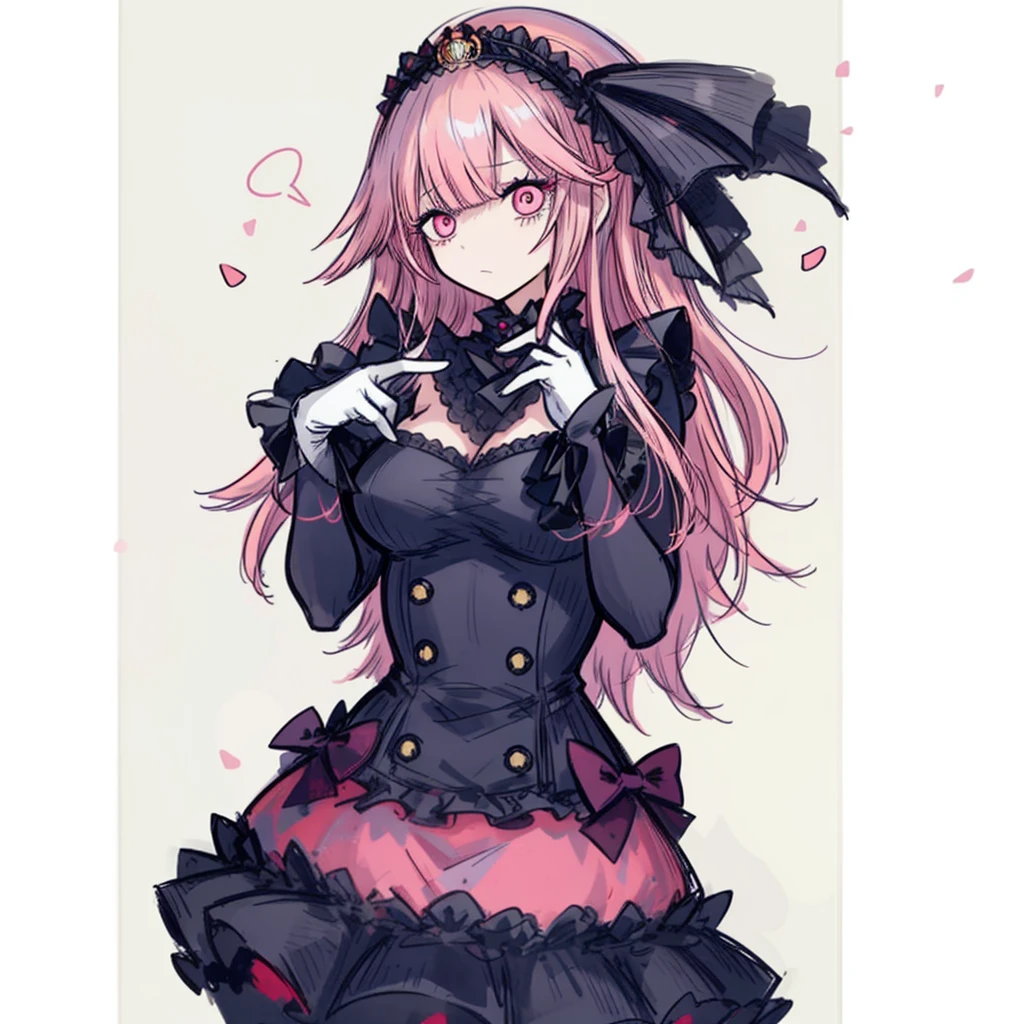 1girl, hime cut,straight short bangs,very long hair, opera dress, pink hair, pink eyes, gala gloves,, (masterpiece, anatomically correct, high detail, high quality, 8k), nervous and shy