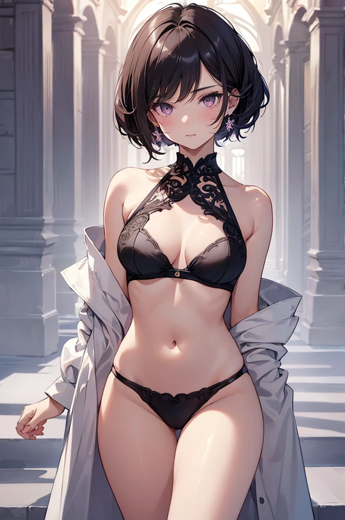 ((highest quality)),(ultra high resolution),(Super detailed),(detailed description),((best CG)),(best work of art),super precision art, great drawing art,(Art with precise details:1.5), (ung girl:1.5), beautiful and well-shaped face:1.5,(Beautiful skin with precise and detailed depiction:1.6),(sleeveless sports bra, elastic yoga shorts ),gorgeous, masterpiece, best quality, high-resolution, finely detailed, extremely detailed and beautiful, distinct-image, 1 girl, 16 year old teen, solo, sharp facial features, oval shaped face. cherry pink lips, lightly tanned white skin. velvet-colored eyes, C-cup breasts, tall height(175cm), slim yet chiseled body type, short shoulder length dark violet-black hair, pixie cut hairstyle, small narrow waist, long and slender legs, curvy wide hips, elegant gothic courtyard setting