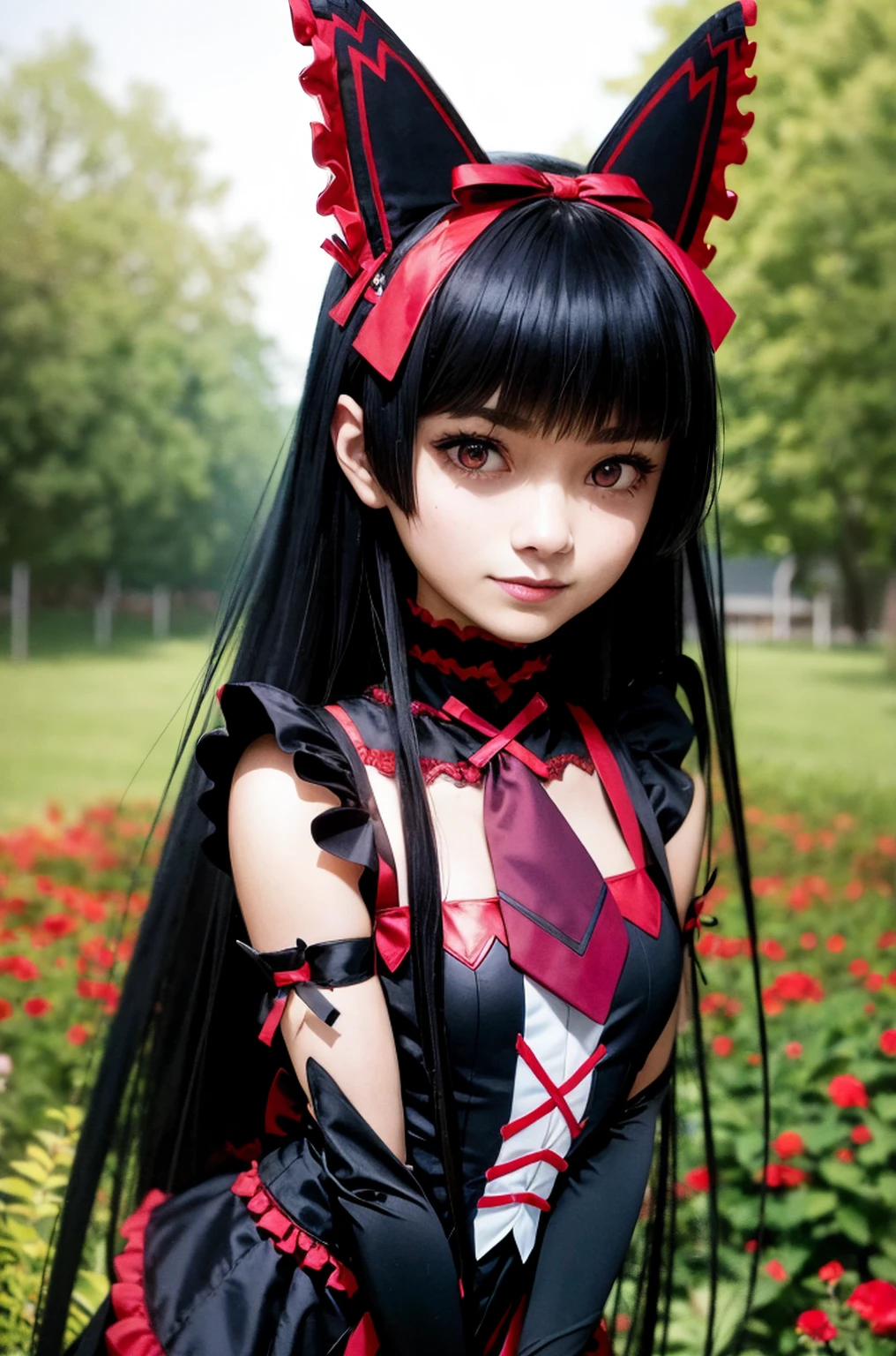 (masterpiece, best quality), rory_mercury, gothic fashion, gothic, black thighhighs, garter straps, dress, (Realistic painting style:0.9), masterpiece, best quality, absurdres, looking at viewer, no pupils,(detailed eyes), (detailed face), perfect face, smile , standing, outdoor, garden