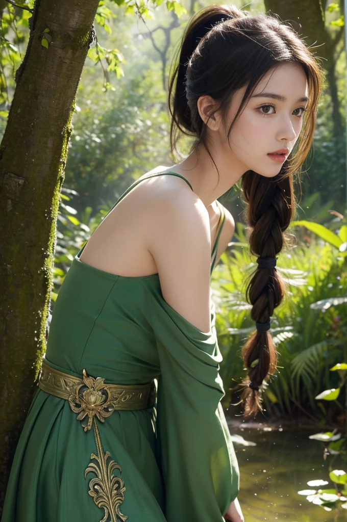 masterpiece,best quality,high resolution,8K,,((Head close-up)),original photo,real picture,Forest environment((Field background)),Digital Photography,18 year old girl,(Long ponytail hairstyle),Open lips,Noble and charming,Elegant and serious,hollow-carved design,Beautiful Pattern,Mystical Emblem,Cool and beautiful breasts)),Chest groove,Photo poses,oc render reflection texture,Bright colors,