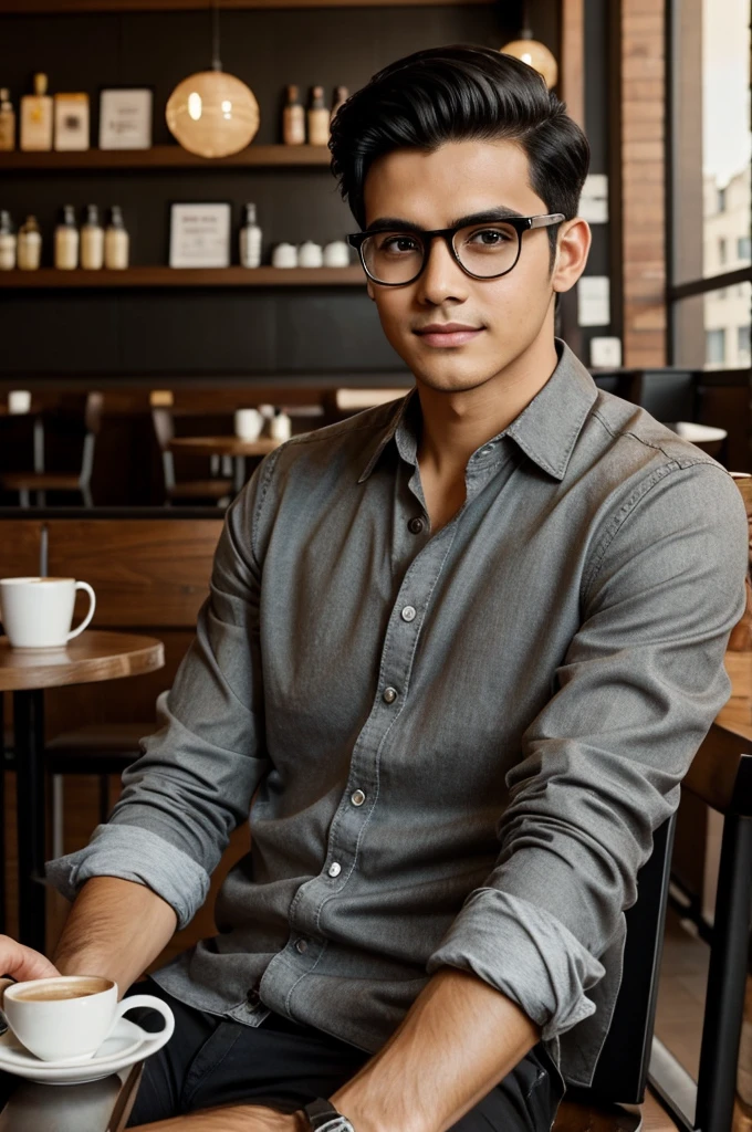 Creates a real full body image of a stylish handsome young man sitting in a coffee shop. He has short hair combed to the side, deep black hair color, has big brown eyes, wears transparent black frame glasses, and has a rounded face with shaved stubble and there is coffee on the table.