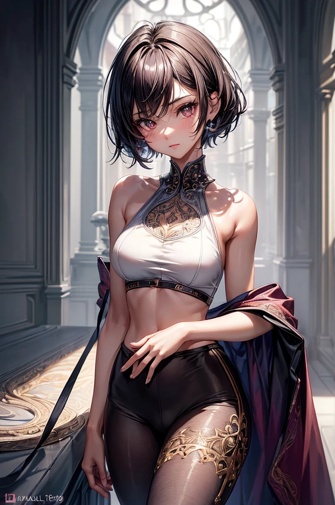 ((highest quality)),(ultra high resolution),(Super detailed),(detailed description),((best CG)),(best work of art),super precision art, great drawing art,(Art with precise details:1.5), (1 young girl:1.5), beautiful and well-shaped face:1.5,(Beautiful skin with precise and detailed depiction:1.6),(sleeveless sports bra, elastic yoga shorts ),gorgeous, masterpiece, best quality, high-resolution, finely detailed, extremely detailed and beautiful, distinct-image, 1 girl, 16 year old teenager, solo, sharp facial features, oval shaped face. cherry pink lips, lightly tanned white skin. velvet-colored eyes, C-cup breasts, tall height(175cm), slim yet chiseled body type, short shoulder length dark violet-black hair, pixie cut hairstyle, small narrow waist, long and slender legs, curvy wide hips, elegant gothic courtyard setting