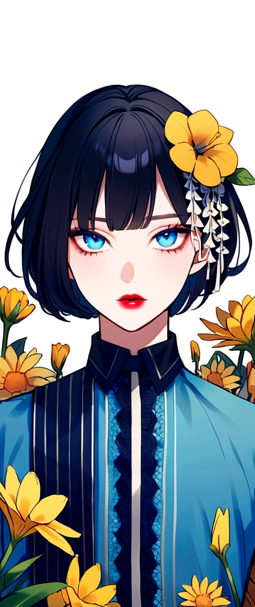 YXYcolor,1man, only, black hair, flower, White background, hair ornament, hair flower, short hair, Upper part of the body, fringe, looking at the viewer, simple background, move, Bob cut, plant, shirt, blue shirt, fringe contundente, yellow flower, Red lips, blue eyes