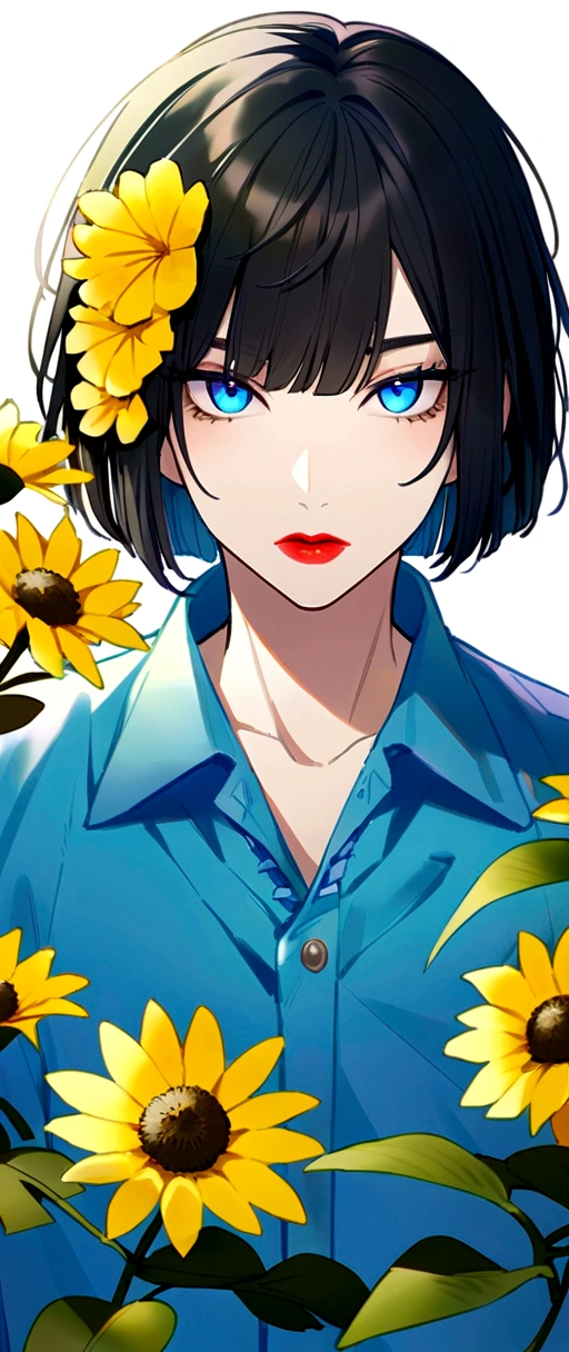 YXYcolor,1man, only, black hair, flower, White background, hair ornament, hair flower, short hair, Upper part of the body, fringe, looking at the viewer, simple background, move, Bob cut, plant, shirt, blue shirt, fringe contundente, yellow flower, Red lips, blue eyes