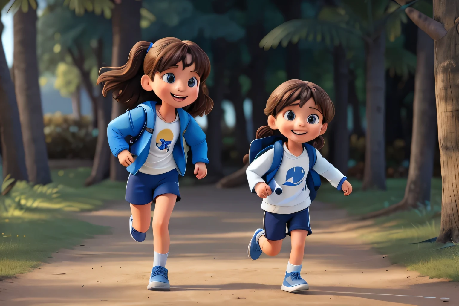 DRINKS 4-year-old BRUNETTE WOMAN running FAST, smiling with open mouth in blue shorts , white shirt,dark blue coat long sleeve black sneakers, with backpack on his back