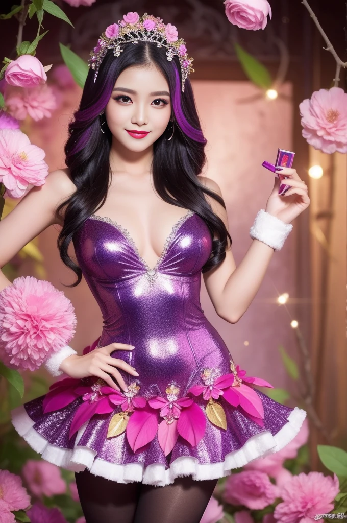 sexy woman who controls poison、smiling face、lipgloss、intense makeup、look at the camera、full body Esbian、、sparkling poisoned flower costume、、、、sparkling Colorful hair、secrete poison、skull hair accessories, detailed tights、shiny sparkling flowers background