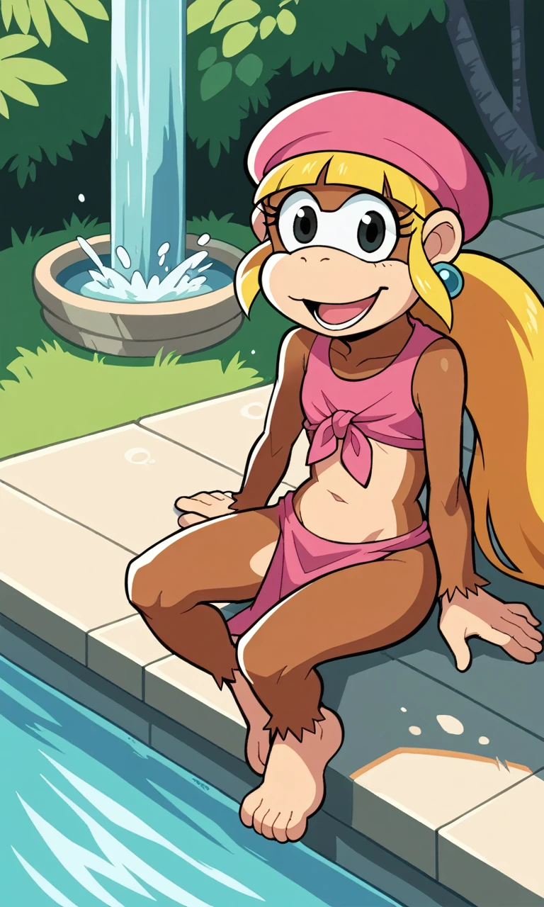 score_9,score_8_above,score_7_above BREAK solo female,fountain_Cartoon,fountain_furry,Dixie Kong,kong,looking at the viewer,SMILE,Open mouth,undulation,2D,exterior,jungle, flat chest, sitting, no cloth