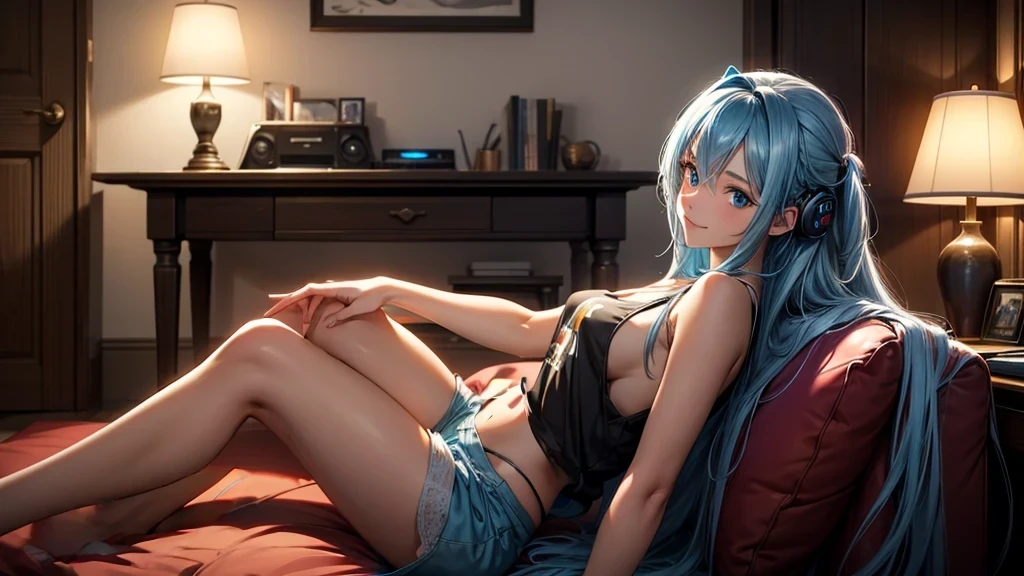 Create a high-quality, detailed image of a beautiful, anime gamer girl with long hair, bright blue eyes, and a smile, sitting at her gaming PC in her gaming room. She is wearing a see through tank top, barely showing her nipples, and sleep shorts, showing her midriff, highlighting her stunning curves. The warm, inviting scene includes soft ambient lighting, comfortable seating, The setting is illuminated by a small lamp, creating a serene and intimate atmosphere