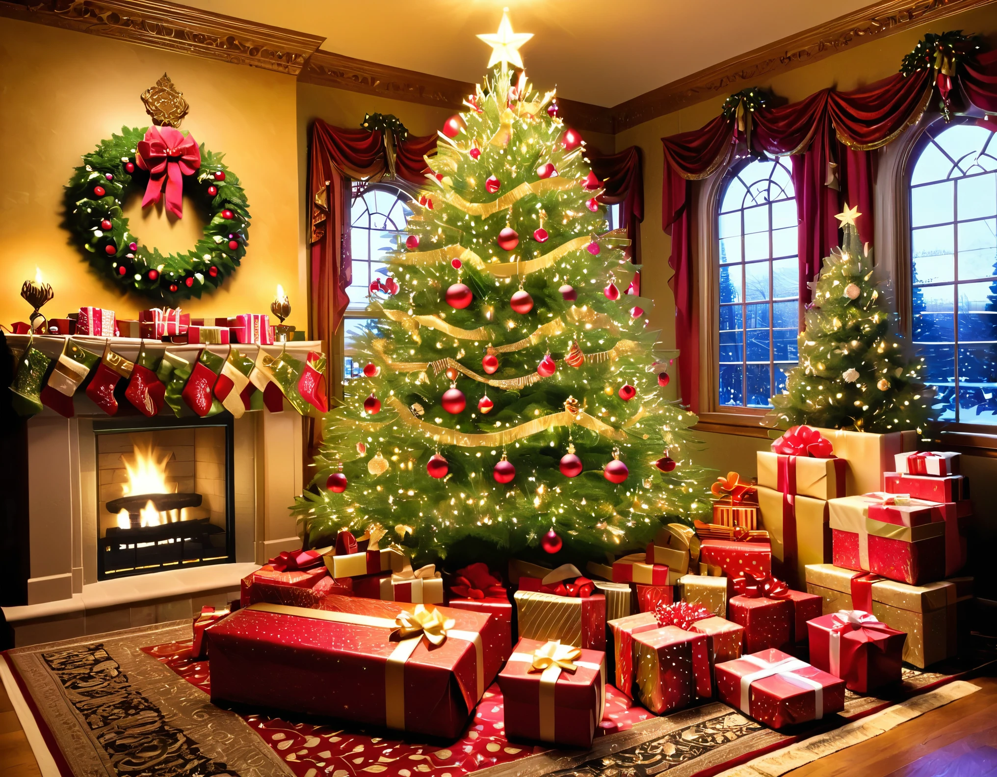 A beautifully decorated Christmas tree with ornate ornaments, surrounded by wrapped presents.