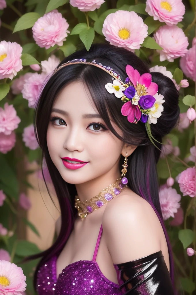 sexy Thai model who controls poison、beautiful smile、lip-gloss、bold lipstick、intense makeup、look at the camera、full body Esbian、、sparkling poisoned flower costume、、、、sparkling Colorful hair、secrete poison、skull hair accessories、sexy tights、shiny sparkling flowers background