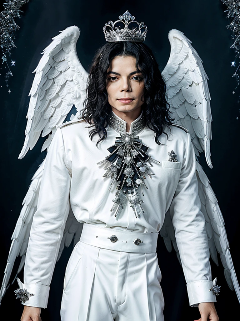 (Michael Jackson with angel wings),(white crown with encrusted diamonds),(White coat),(black elegant shirt),(Black pants),(very well detailed),(blue background with clouds in the background).