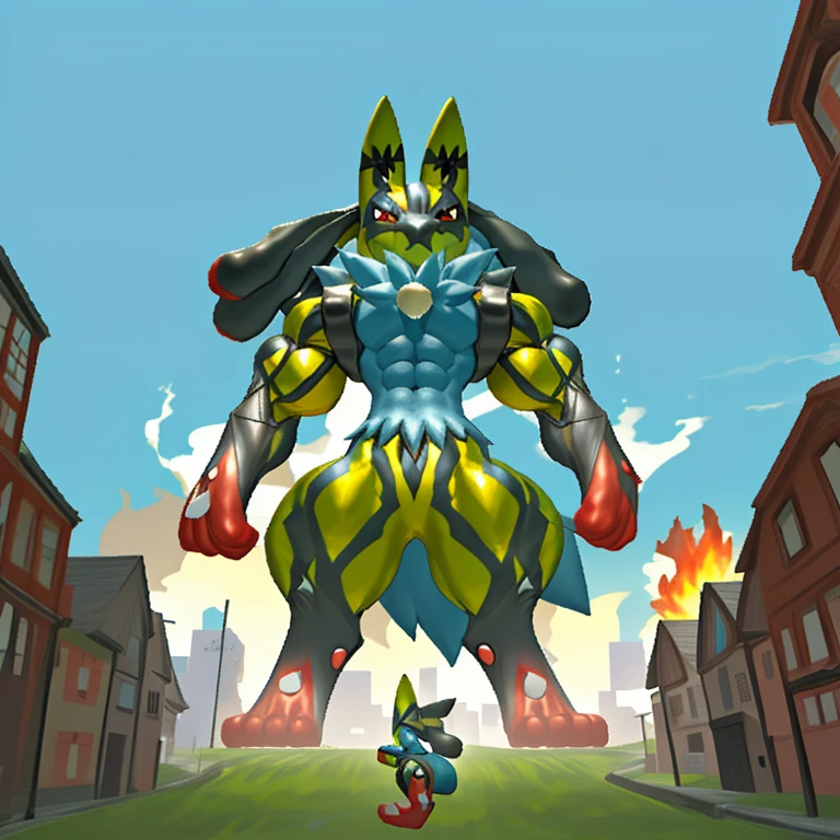 (masterpiece. official art. 8k. best quality. detailed full body. full body.)

(situation 1 : dominating shiny_mega_lucario. focus GIANT mechanical Muscular shiny_mega_lucario is trampling the CITY. macro. stomp. Low-angle perspective. emphasizing the immense size. The perspective is from below, emphasizing the sheer majesty and power of the Giant. giant art. He is much bigger than a skyscraper. Giga Giants. micro soccer field. looking down.)

(situation 2 :smoke and flames rising from the destruction in the city)

(Additional details 2: (Detailed head. Detailed Body. Detailed abs. gigantic muscles. HYPER MUSCLES. Gigachad Muscular. big muscle. pecs. triceps. traps. unusually developed muscular body. body full of huge muscles. showing off muscles. pectorales enormes. Exaggeratedly huge muscles. huge muscles. long legs.).
