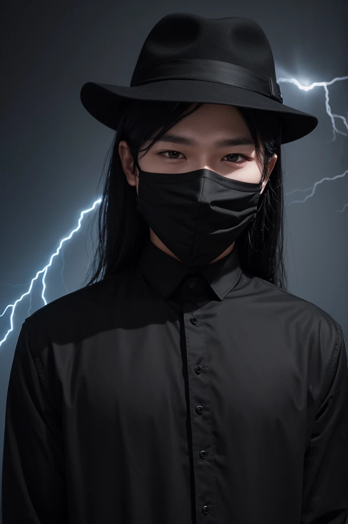 Man black hat backwards eyes coming out lightning black mask and black shirt