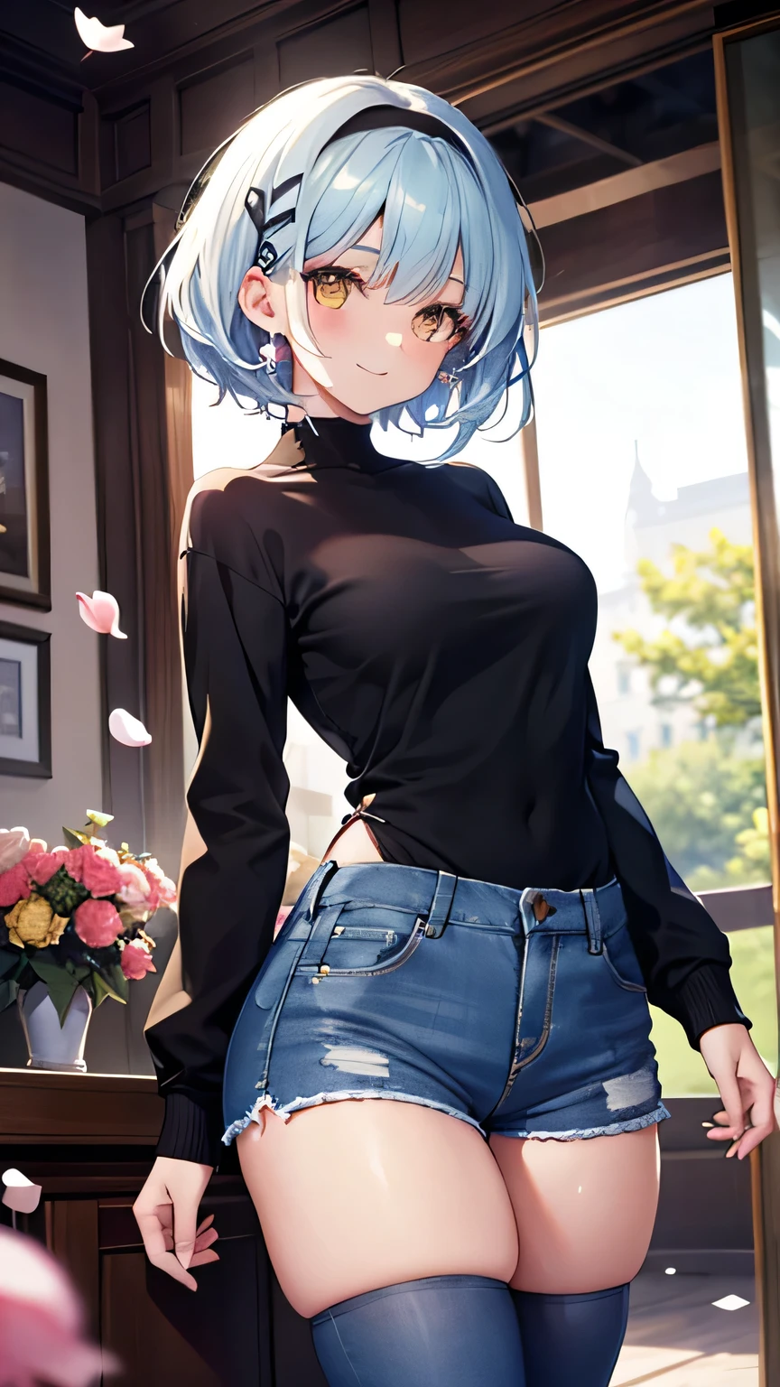 Realistic image, A consistent image, Detailed Images, 1 beautiful girl. She has short light blue hair that reaches her shoulders.、The bangs reach down to the eyebrows。. On top of the bangs, Yura is wearing a black headband and a hairpin on her left side.。. purplish yellow eyes, Long eyelashes. Her face is oval and delicate.. Smile seductively. She is wearing a long-sleeved shirt, Jeans Shorts, Thigh-length stockings. She has a curvaceous figure, Medium bust and thick thighs. Surrounded by European shops, Petals falling. Natural light in front, Volumetric lighting