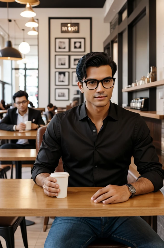 Create a real full body image of a stylish handsome man sitting in a coffee shop. He has short hair combed to the side, deep black hair color, has big brown eyes, wears transparent black frame glasses, and has a rounded face with shaved stubble and there is coffee on the table.