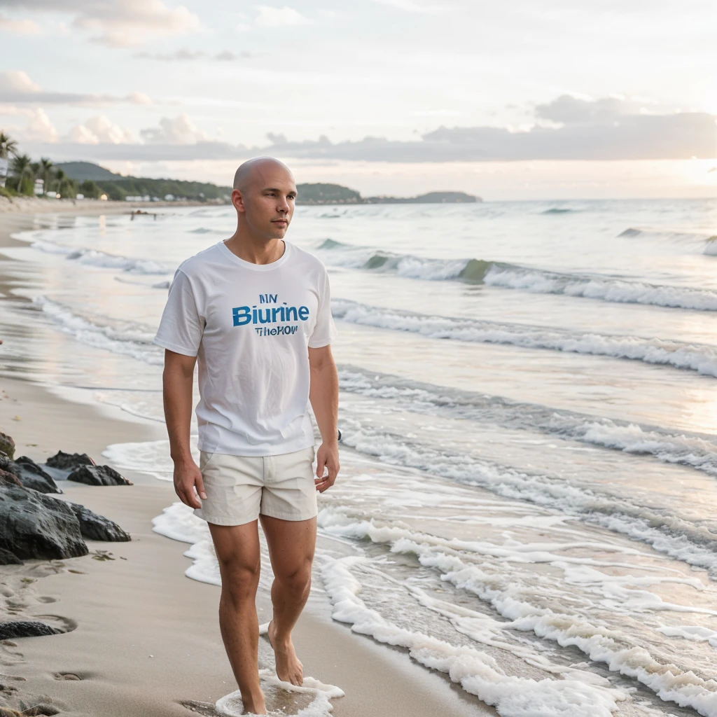 photography done with a Nikon d800 DSLR camera, lens 1.8, speed 1300, realisitic, naughty man, 30years, Of record, walking along the beach, knee-deep in sea water, White shorts, blue social shirt, baldie, offwhite, in the background a horizon with mountains and a sunset, nblurry background