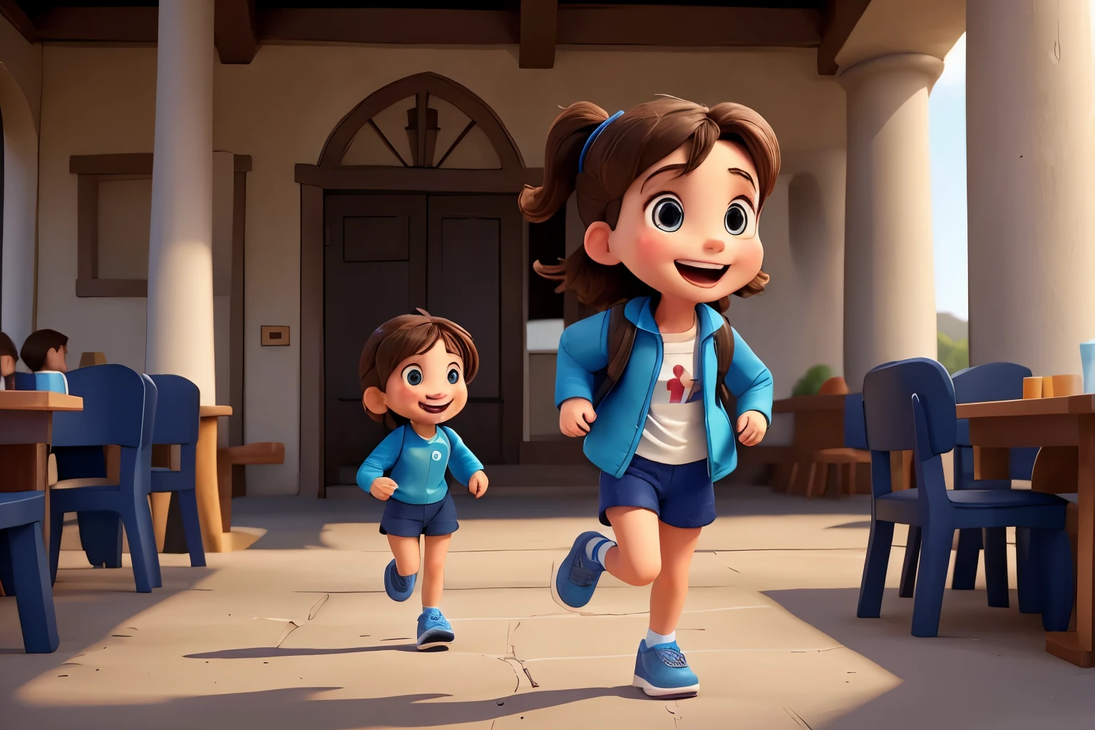 DRINKS 4-year-old BRUNETTE WOMAN running FAST, smiling with open mouth in blue shorts , white shirt,dark blue coat long sleeve black sneakers, with backpack on his back