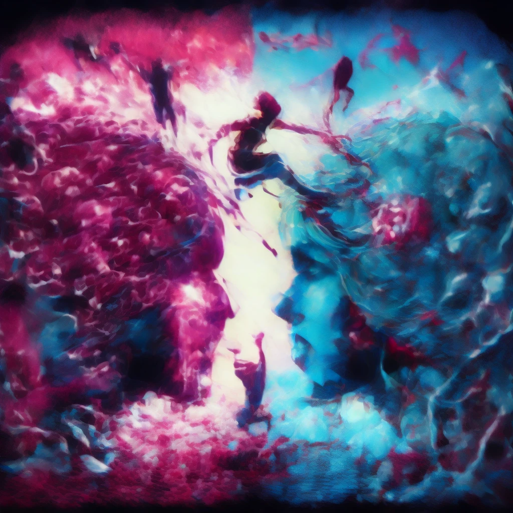 blood scavengers opposite world dream cyan magenta. A fight inside a broken mind. A splendid beautiful trans woman trying to emerge as the future in an astonishing panorama of end times.