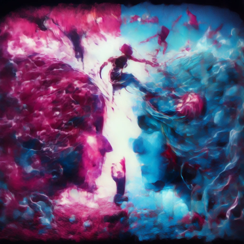 blood scavengers opposite world dream cyan magenta. A fight inside a broken mind. A splendid beautiful trans woman trying to emerge as the future in an astonishing panorama of end times.
