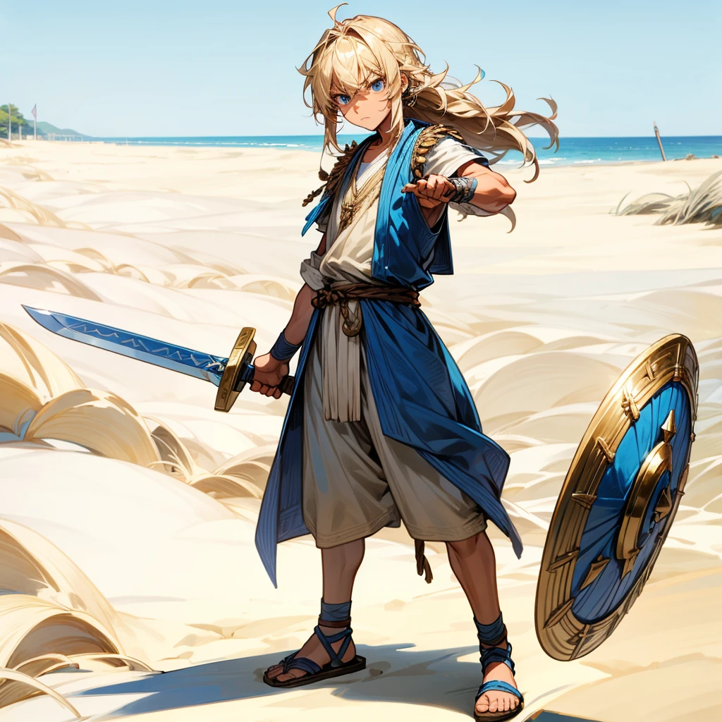 1boys, Full body version, 1character, blue eyes, Tan skin, long Shaggy hairstyle, blonde colour hair, angry expression, ancient Greek clothing, blue colour clothing, ancient Greek sandals, wood sword in hand, small shield wood in hand, wood armor vest, Grassroots background in beach 