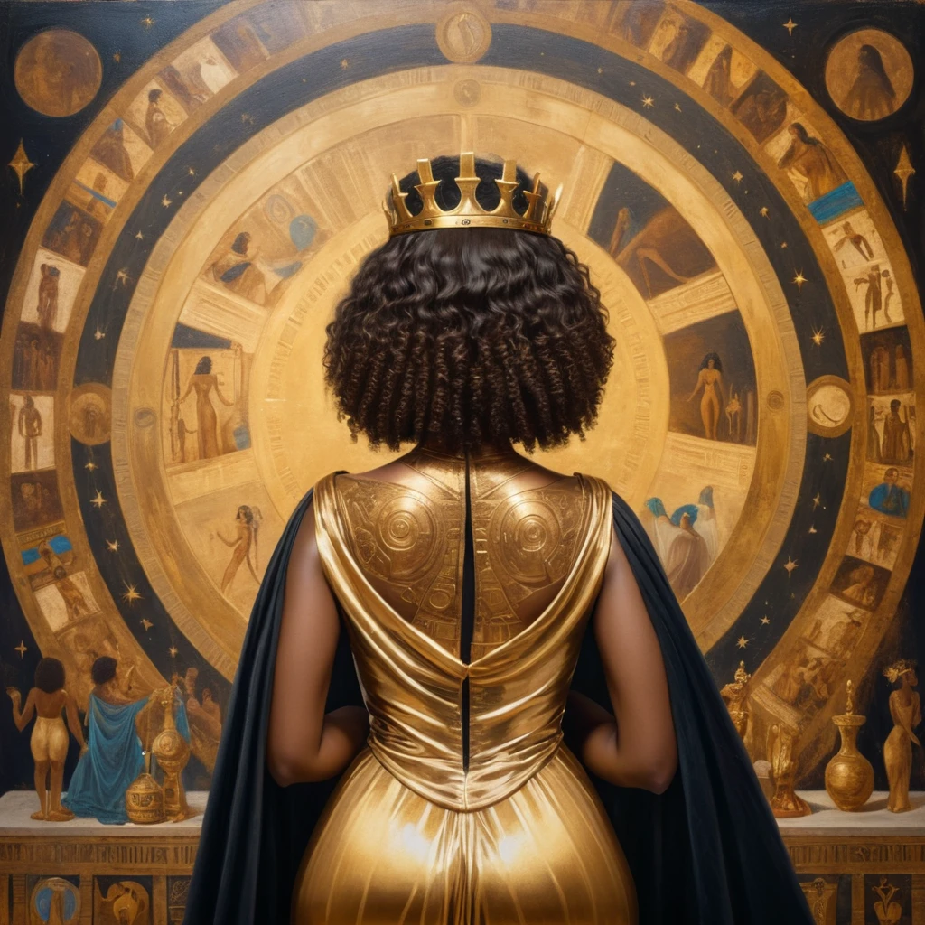 Black woman from the back, curled hair, being crowned, with a golden cloak, luxurious setting, and with Egyptian elements. She looks and beholds the golden heavenly realms, with astrology elements, renaissance painting, oil painting inspired by leonardo da vinci.