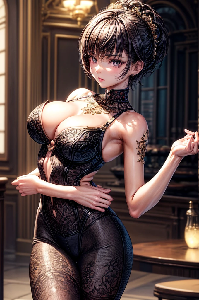 ((highest quality)),(ultra high resolution),(Super detailed),(detailed description),((best CG)),(best work of art),super precision art, great drawing art,(Art with precise details:1.5), (ung girl:1.5), beautiful and well-shaped face:1.5,(Beautiful skin with precise and detailed depiction:1.6),(sleeveless sports bra, elastic yoga shorts ),gorgeous, masterpiece, best quality, high-resolution, finely detailed, extremely detailed and beautiful, distinct-image, 1 girl, 16 year old teen, solo, sharp facial features, oval shaped face. cherry pink lips, lightly tanned white skin. velvet-colored eyes, C-cup breasts, tall height(175cm), slim yet chiseled body type, short shoulder length dark violet-black hair, pixie cut hairstyle, small narrow waist, long and slender legs, curvy wide hips, elegant gothic courtyard setting